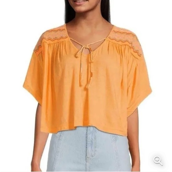 Free People Market Embroidered V-Neck Top in Carrot Ginger Orange Cotton Blend - Picture 3 of 16